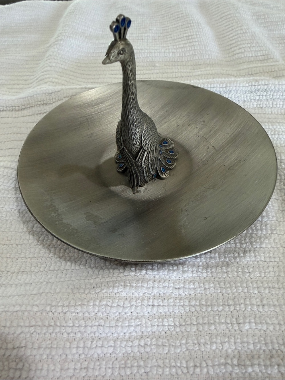 Peacock Metal Dish Embellished Silver Tone 4.5” Trinket Holder